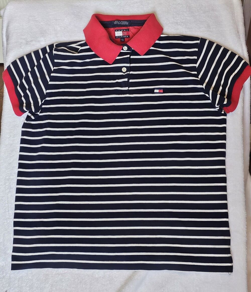 Vintage 90s Tommy Hilfiger Striped Polo Shirt Red Contrast Collar Blue White L